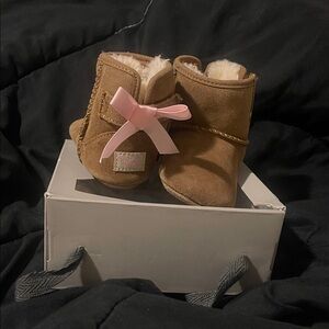 UGG Tan Baby Boots with Pink Bow